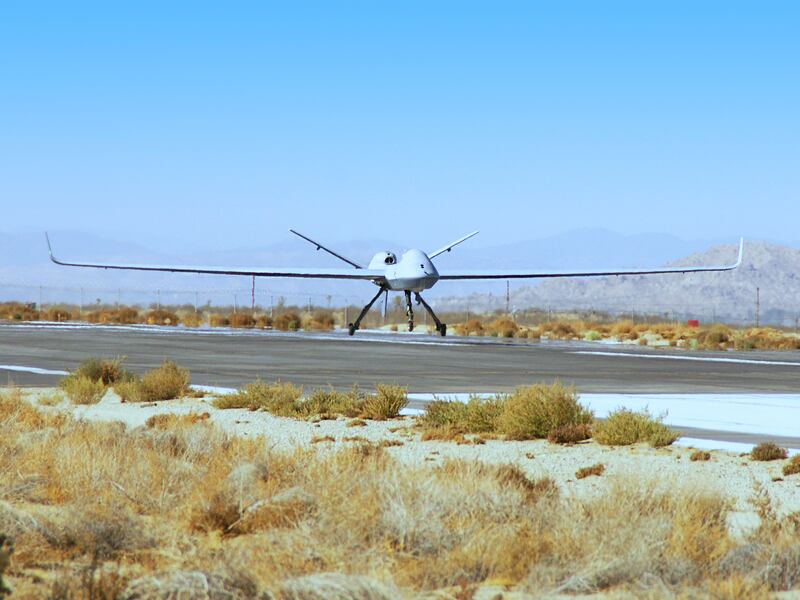 MQ-9 Reaper drone aircraft is pictured on a runway.