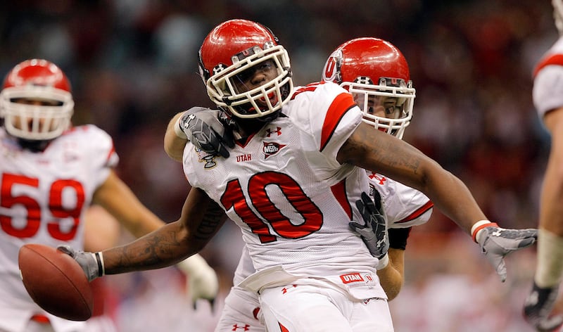 Utah linebacker Stevenson Sylvester celebrates a fumble recovery as Utah and Alabama play in the Sugar Bowl on Jan. 2, 2009.