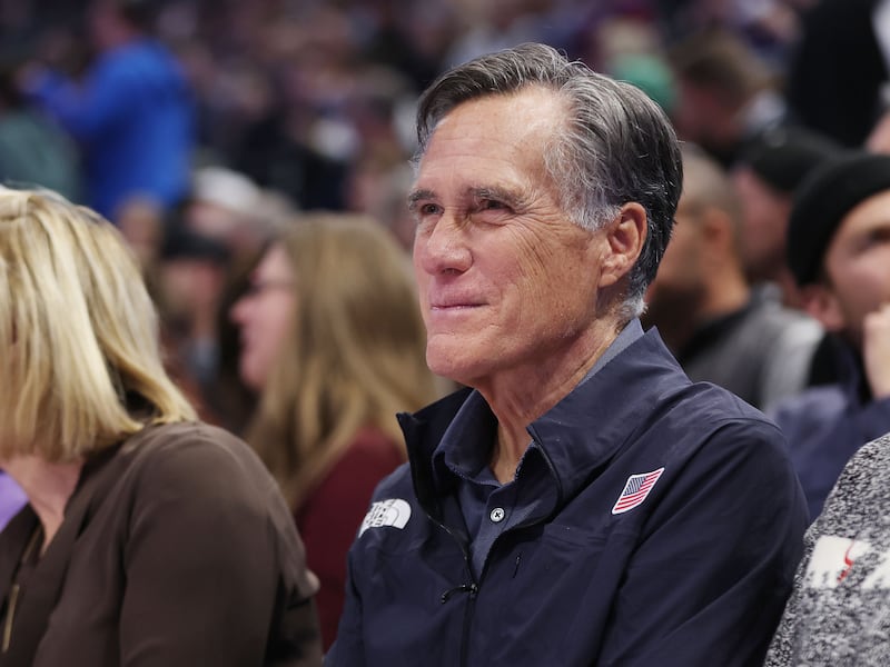 Sen. Mitt Romney watches a Utah Jazz game in Salt Lake City on Dec. 18, 2023.