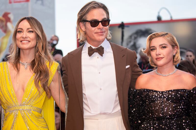Director Olivia Wilde, from left, Chris Pine and Florence Pugh pose for photographers upon arrival at the premiere of the film ‘Don’t Worry Darling’ during the 79th edition of the Venice Film Festival in Venice, Italy, Monday, Sept. 5, 2022.