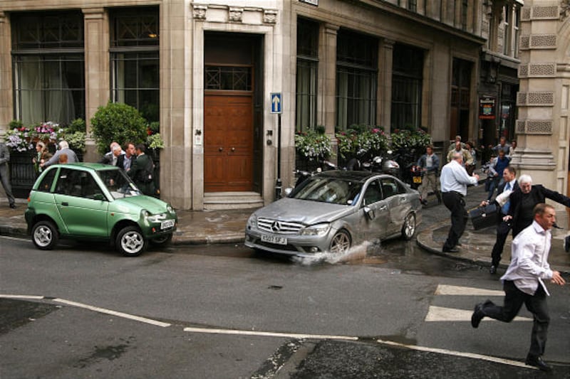 Actors and stuntmen do a car-chase scene in "National Treasure: Book of Secrets" in London.