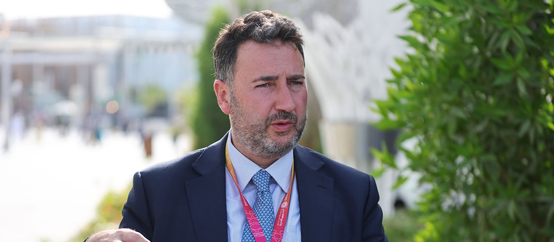 Giovanni Criscione, World Expo senior protocol director, gives a tour during the Expo 2020 Dubai in Dubai, United Arab Emirates, on Sunday, March 27, 2022. The 2020 event was delayed for two years.