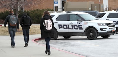 BYU police vehicles are parked outside the department's offices on the BYU campus in Provo on Thursday, Feb. 21, 2019.