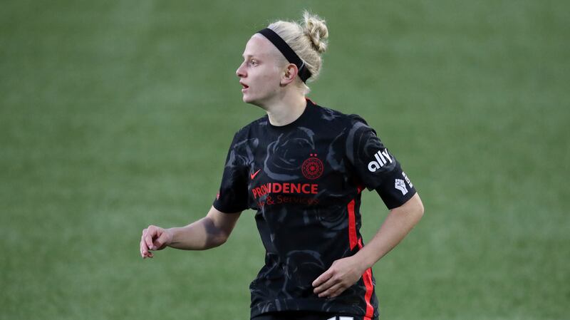 Portland Thorns’ Madison Pogarch (15) plays during the first half of an NWSL Challenge Cup soccer match.