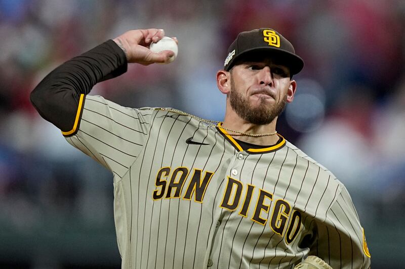 San Diego Padres pitcher Joe Musgrove throws in Game 3 of the NL Championship Series on Oct. 21, 2022, in Philadelphia.