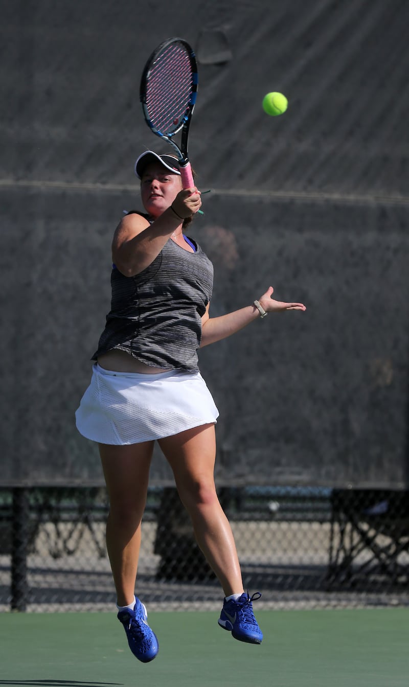 Olympus High's Emma Jewell competes in the first singles championship match during the 5A state tennis tournament at the Liberty Park Tennis Center in Salt Lake City, on Friday, Oct. 6, 2017.