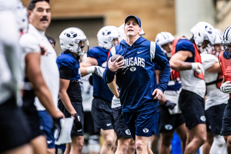 BYU players and coaches participate in springs drills in Provo on March 28, 2024.
