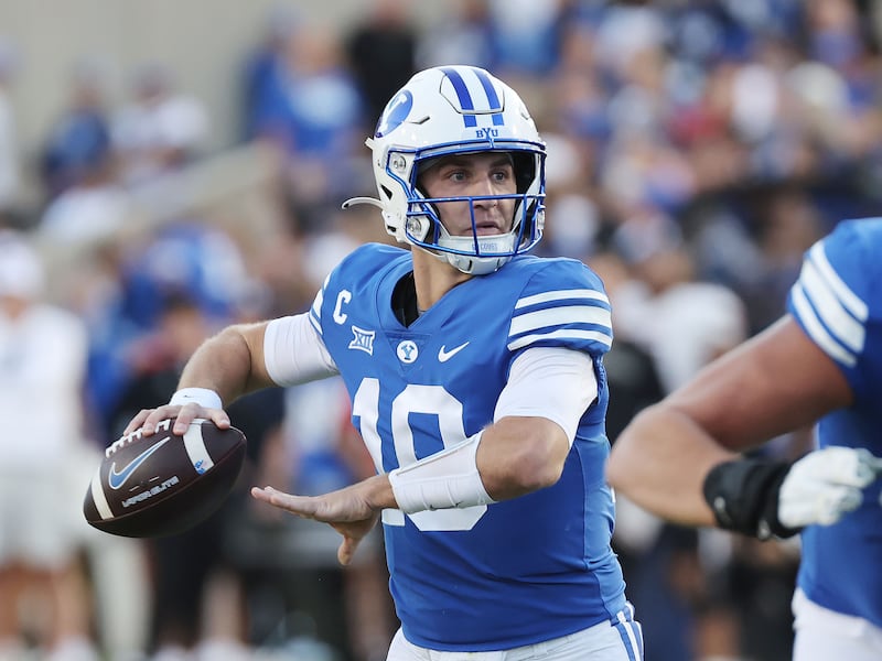 Brigham Young Cougars quarterback Kedon Slovis (10) throws against the Texas Tech Red Raiders in Provo on Saturday, Oct. 21, 2023. BYU won 27-14.
