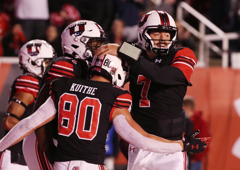 Utah Utes quarterback Cameron Rising (7) celebrates his touchdown against the Arizona State Sun Devils.