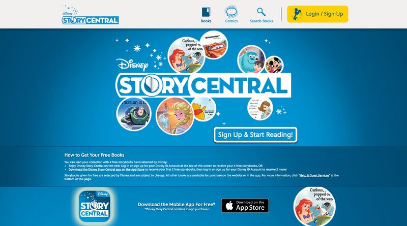 Children and kids can listen to their favorite Pixar and Disney stories read out loud on "Disney Story Central".