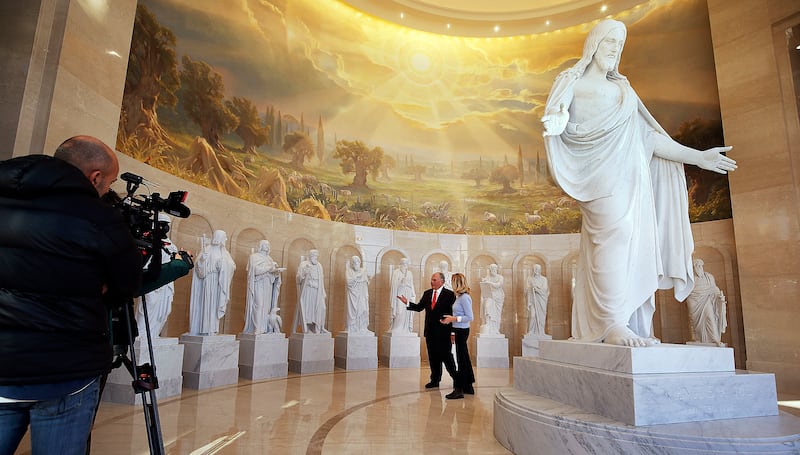 Elder Ronald A. Rasband is interviewed by CNN correspondent Delia Gallagher in the Rome Temple Visitors' Center of The Church of Jesus Christ of Latter-day Saints on Monday, Jan. 14, 2019.