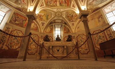 Baroque interior of the of San Matteo (St. Matthew) Cathedral, in Salerno, Italy, with the martyrs altar in the crypt, shown here on April 23, 2017.