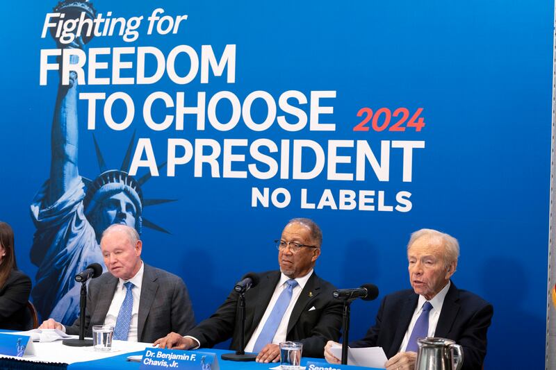 No Labels leadership and guests, from left, Dan Webb, National Co-Chair Dr. Benjamin F. Chavis, and founding Chairman and former Sen. Joe Lieberman, speak about the 2024 election on Jan. 18, 2024.