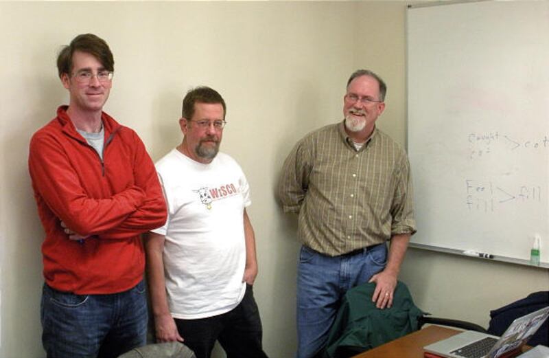 This Nov. 10, 2009 photo taken in Madison, Wis., shows, from left, University of Wisconsin-Madison linguists Eric Raimy, Joe Salmons and Thomas Purnell. The three are authors of a research paper to be published in the Journal of English Linguistics next m
