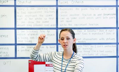 Jessica Beus works with her third-grade students at Midvale Elementary School on Wednesday, April 24, 2019.