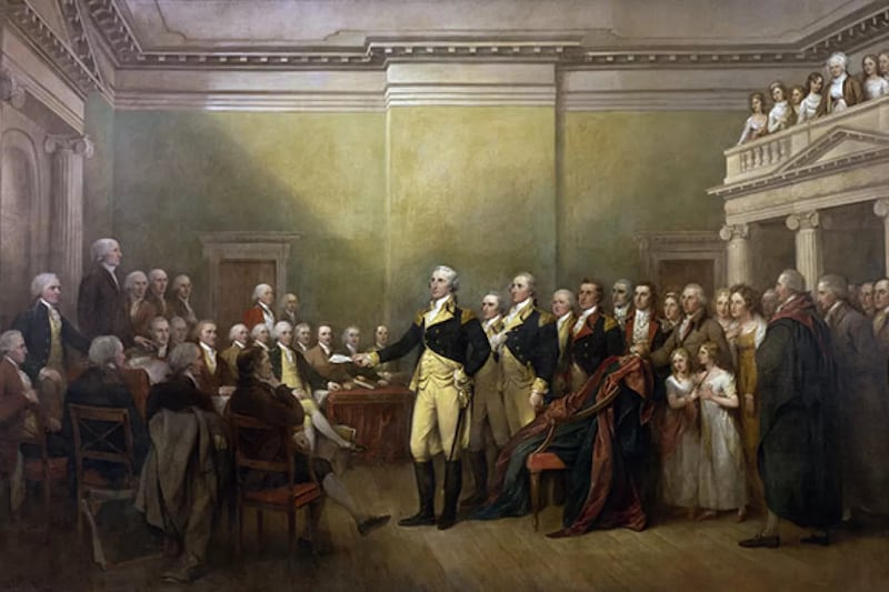 The painting “The Resignation of General Washington, December 23, 1783” is by John Trumball and hangs in the U.S. Capitol Rotunda.