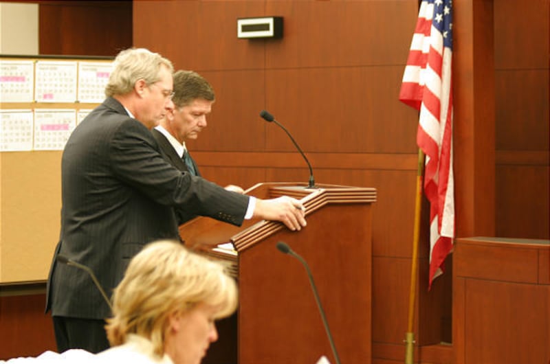 Attorney Randall Skeen and Timothy O'Sean McCleave stand at the lecturn at McCleave's sentencing Wednesday in Ogden.