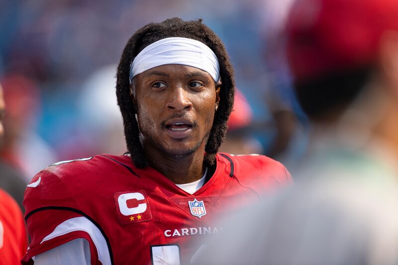 Arizona Cardinals wide receiver DeAndre Hopkins walks the sideline during a game against the Tennessee Titans, Sunday, Sep. 12, 2021, in Nashville, Tenn.