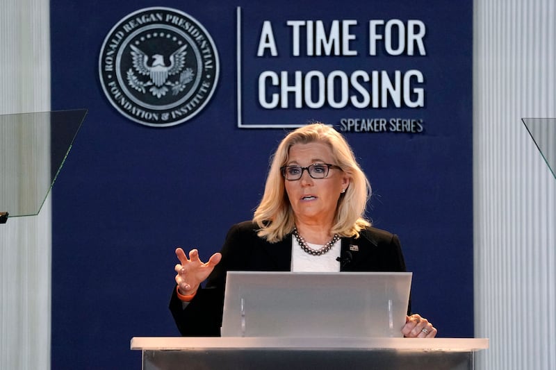 Rep. Liz Cheney, R-Wyo., delivers her “Time for Choosing” speech at the Ronald Reagan Presidential Library and Museum.