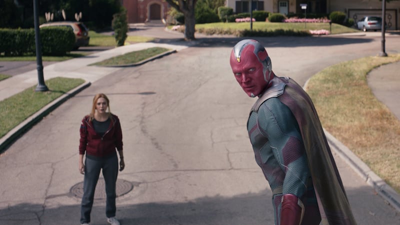 Paul Bettany as Vision and Elizabeth Olsen as Wanda Maximoff in “WandaVision.”