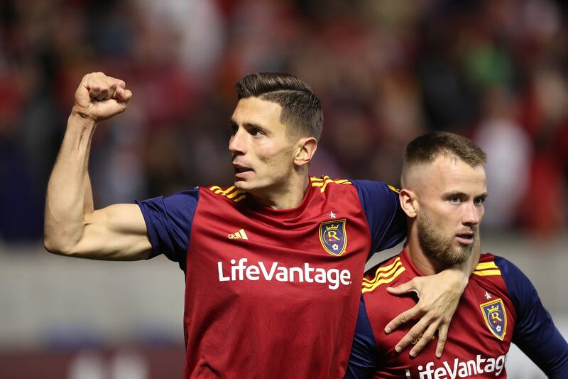 Real Salt Lake midfielder Albert Rusnak (11), right, celebrate she goal with Real Salt Lake midfielder Damir Kreilach (6) during playoffs in Sandy on Sunday, Nov. 4, 2018.