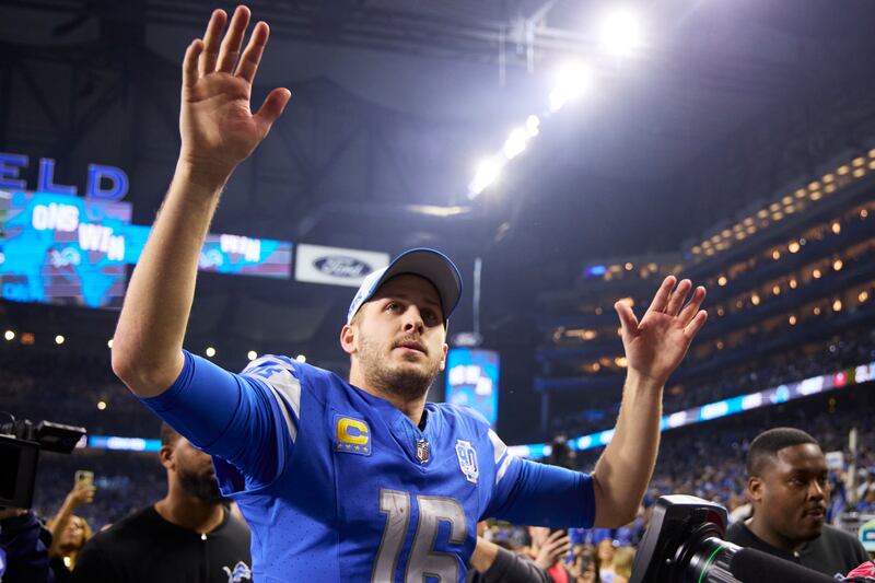 Detroit Lions QB Jared Goff celebrates after defeating the Tampa Bay Buccaneers in the divisional round of the NFL playoffs.