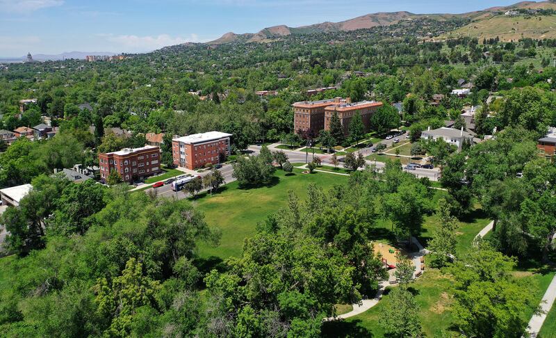 A park is surrounded by residential neighborhoods on South Temple in Salt Lake City on Wednesday, May 31, 2023.