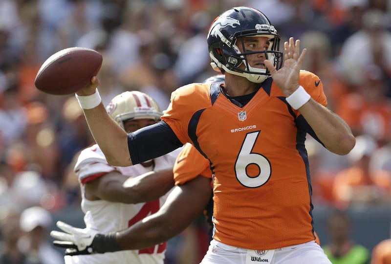 Denver Broncos quarterback Brock Osweiler (6) passes against the San Francisco 49ers during the second half of an NFL preseason football game in Denver, Sunday, Aug. 26, 2012.