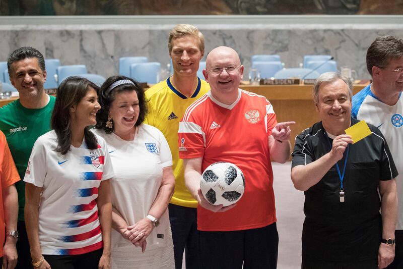 Bolivian Ambassador to the United Nations Sacha Llorenty, left, American Ambassador to the United Nations Nikki Haley, second from left, British Ambassador to the United Nations Karen Pierce, third from left, Swedish Deputy Ambassador to the United Nation
