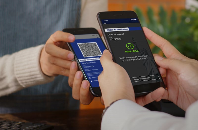 This undated photo, provided by NY Governor’s Press Office on Saturday March 27, 2021, shows the new “Excelsior Pass” app, a digital pass that people can download to show proof of vaccination or a negative COVID-19 test.