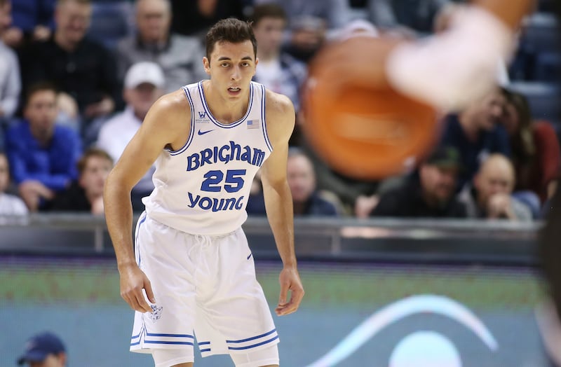 Brigham Young Cougars forward Gavin Baxter (25) defends during a game with the Gonzaga Bulldogs in Provo on Thursday, Jan. 31, 2019.
