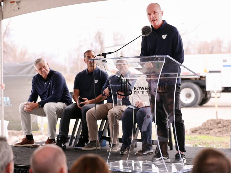 Gov. Spencer Cox joins other dignitaries at the groundbreaking of the Rocky Mountain Power District property on Wednesday, April 12, 2023. Gail Miller also announced plans to hopefully bring a Major League Baseball team to the area.
