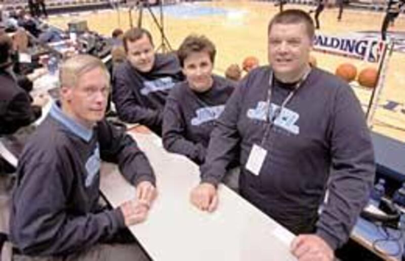 Utah Jazz stat crew includes John Allen, left, official scorer; Chris Healy, scorebook; Kerry Fenwick, clock operator; and Jed Neilson, scoreboard.