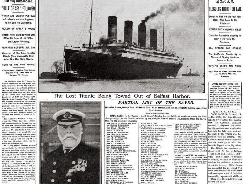 This image provided by the New York Times shows its April 16, 1912 front page coverage of the Titanic disaster. The largest ship afloat at the time, the Titanic sank in the north Atlantic Ocean on April 15, 1912, after colliding with an iceberg during her