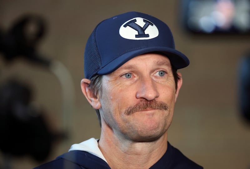 Aaron Roderick, BYU offensive coordinator, talks to media at the end of opening day of BYU spring football camp.