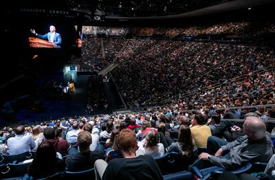 An audience of students, faculty, dignitaries and community members listen as Bryan Stevenson, founder and executive director of the Equal Justice Initiative, delivers the forum address at the Marriott Center on the BYU campus on Tuesday, Oct. 30, 2018.