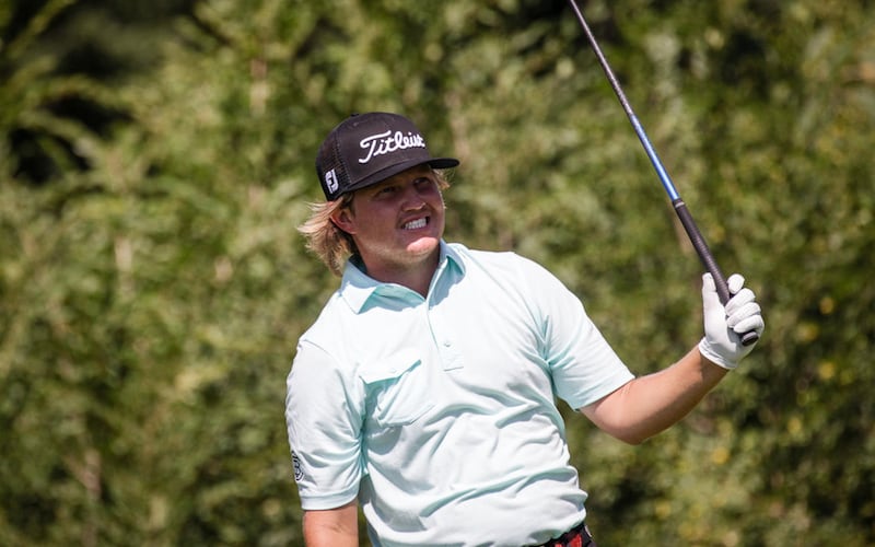 Zac Blair grimaces while watching a drive during the Segfried & Jensen Utah Open in Provo on Sunday.