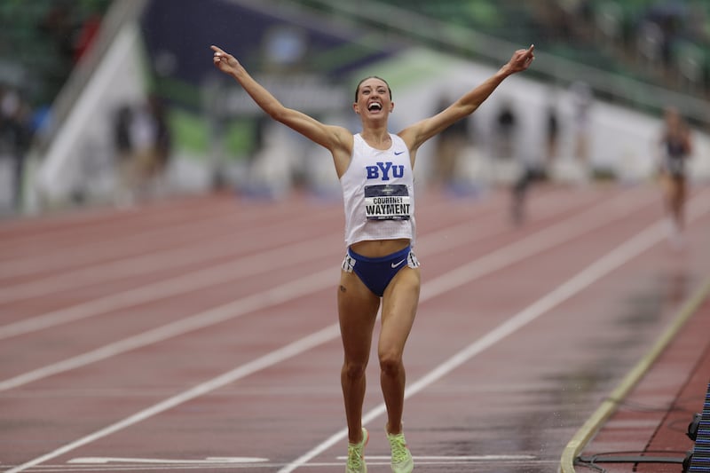 BYU’s Courtney Wayment wins the national title in the 3,000-meter steeplechase at the NCAA Track and Field Championships in Eugene, Oregon, on June 11, 2022.