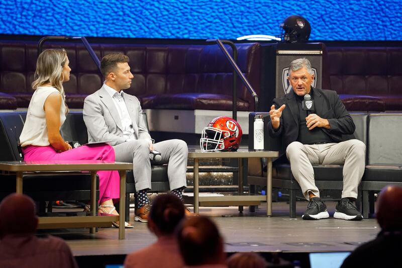 Utah coach Kyle Whittingham speaks at Pac-12 football media day Friday, July 21, 2023, in Las Vegas.