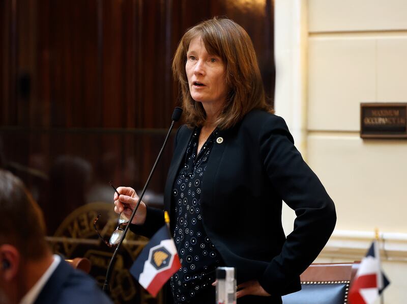 Senate Minority Whip Kathleen Riebe, D-Cottonwood Heights, speaks in the Senate chamber at the Capitol in Salt Lake City, on Thursday, March 2, 2023.