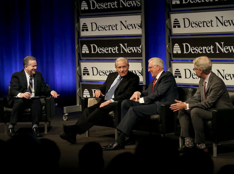 Boyd Matheson, opinion editor of the Deseret News, left, Bob Woodward, Washington Post reporter who broke the Watergate story in 1973 and current associate editor at the Post, Elder D. Todd Christofferson, a member of the Quorum of the Twelve Apostles for