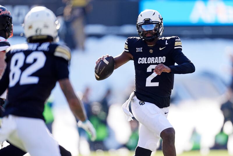 Colorado quarterback Shedeur Sanders looks to pass the ball during game against Oklahoma State Friday, Nov. 29, 2024, in Boulder, Colo. The Buffaloes face BYU Dec. 28, 2024, at the Alamodome in San Antonio.