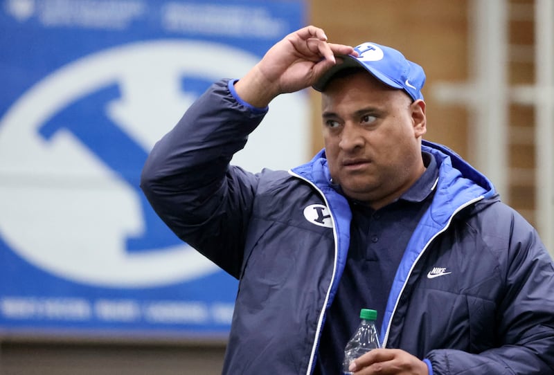 BYU’s head football coach Kalani Sitake attends BYU’s pro day at the school’s practice facility in Provo on March 24, 2023.