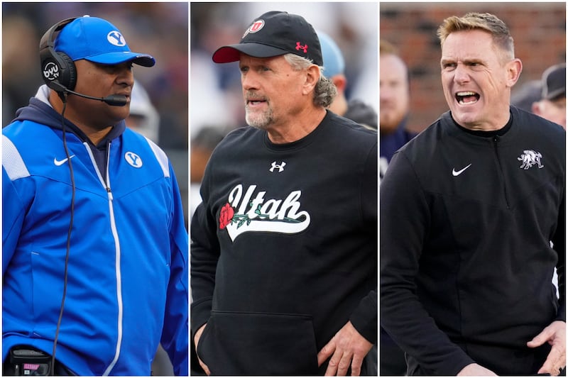 From left, BYU’s Kalani Sitake, Utah’s Kyle Whittingham and Utah State’s Blake Anderson will coach their respective teams in 2023. How does ESPN’s FPI project each Utah team will do this season?