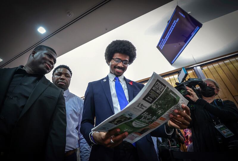 Tennessee State Rep. Justin Pearson reads a newspaper article on April 12, 2023 in Memphis, Tenn.