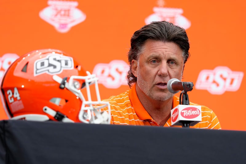 Oklahoma State head coach Mike Gundy speaks during Big 12 media days in Las Vegas, Tuesday, July 9, 2024.
