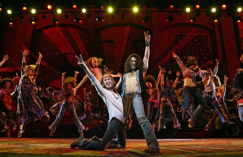 Gavin Creel as Claude and Will Swenson as Berger with the cast of the Broadway revival of HAIR: The American Tribal Love-Rock Musical directed by Diane Paulus and choreographed by Karole Armitage. HAIR features a book and lyrics by Gerome Ragni and James