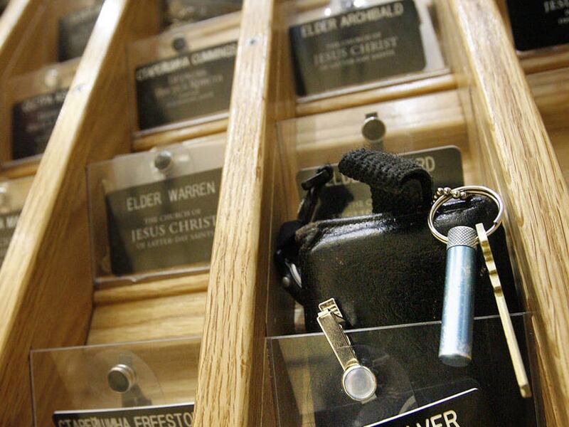 Name tags in various languages are placed in a holder while missionaries exercise at the Provo Missionary Training Center of The Church of Jesus Christ of Latter-day Saints in Provo in 2011.