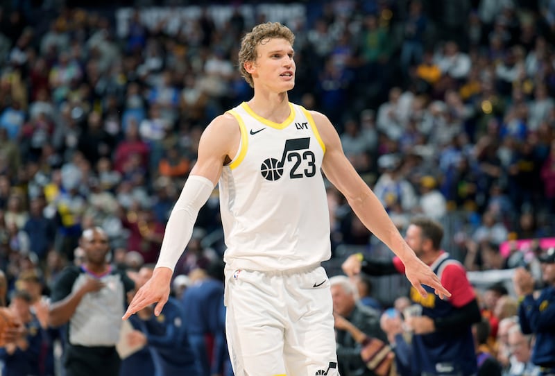 Utah Jazz forward Lauri Markkanen reacts as time runs out against the Denver Nuggets, Monday, Oct. 30, 2023, in Denver.