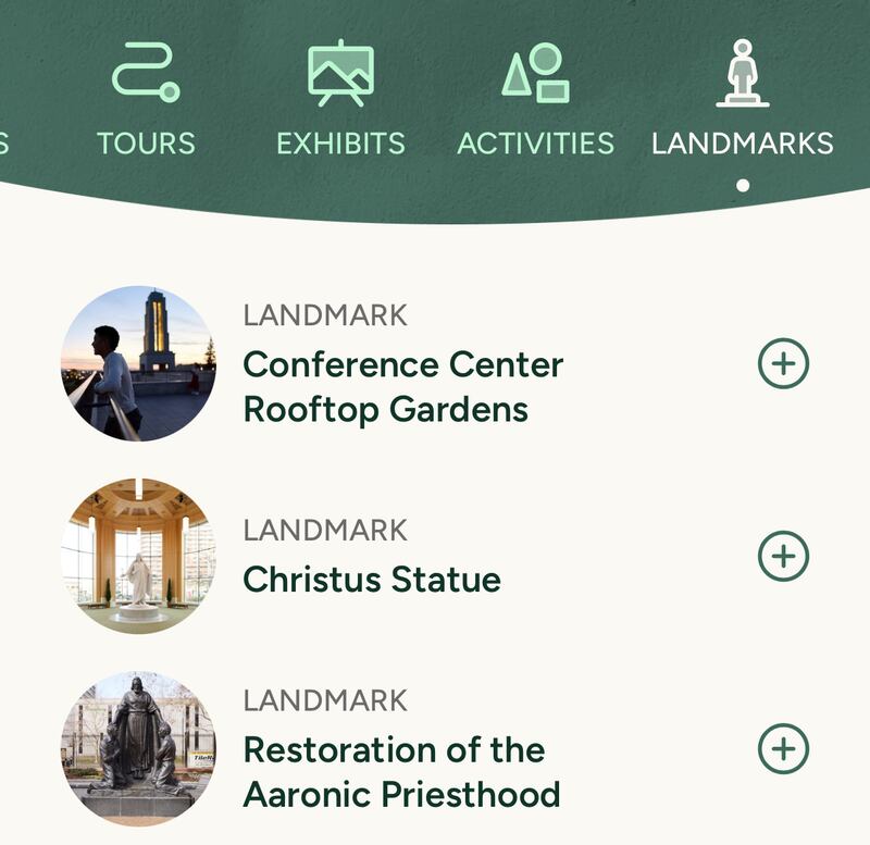 Landmarks are pictured in the "Explore" section of the Temple Square app of The Church of Jesus Christ of Latter-day Saints.